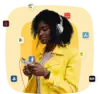 Jonge vrouw in gele jas me hoofdtelefoon op die naar haar smartphone kijkt. Logo's van verschillende apps zweven rond haar
